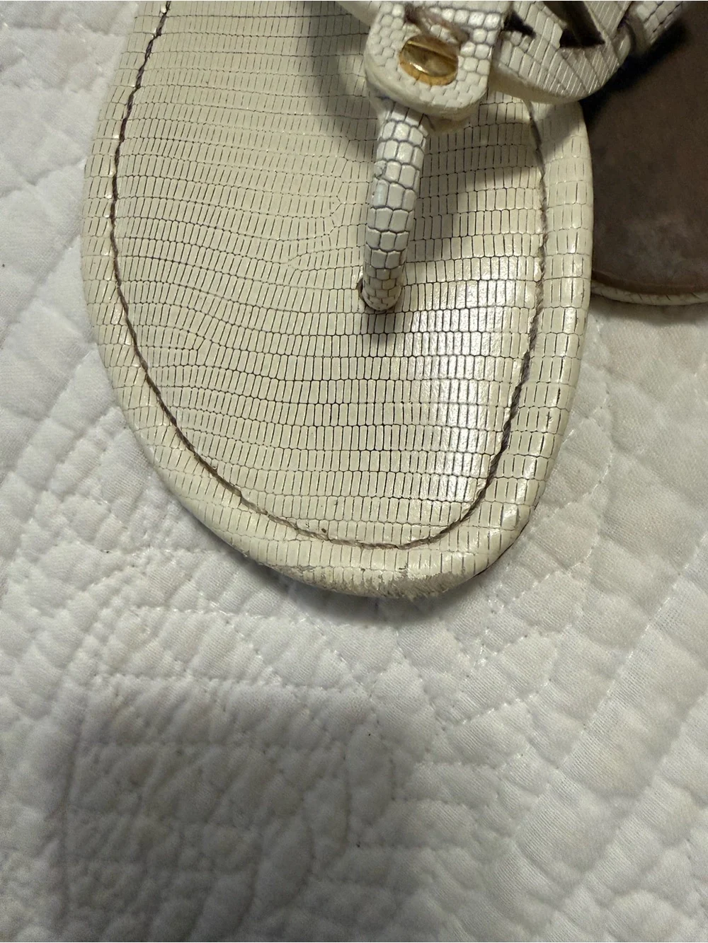 Tory Burch Ivory Textured Miller Logo Thong Sandals